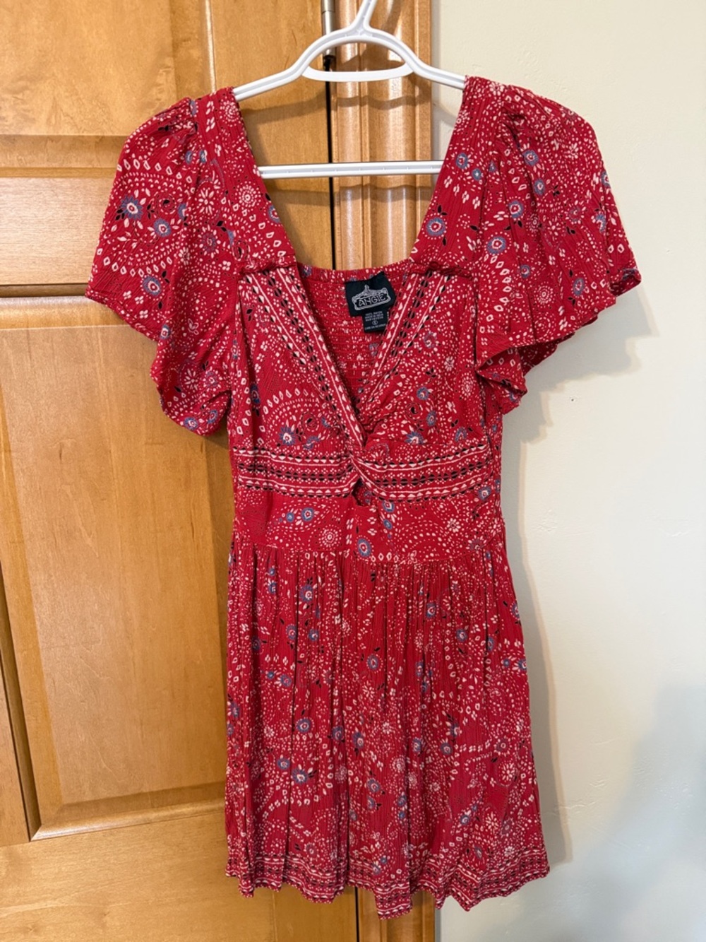 Angie Red Floral Bandana-Print Flutter Sleeve Mini Dress